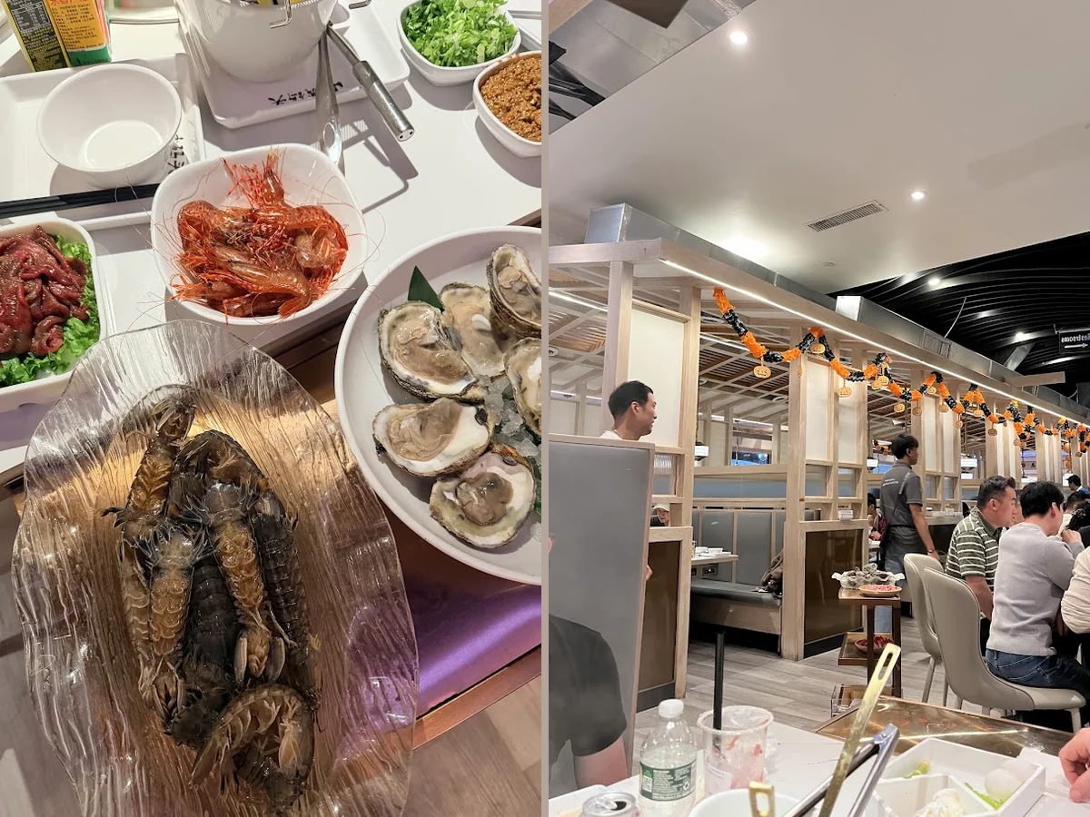 Hot pot tables with shared broths and side dishes.