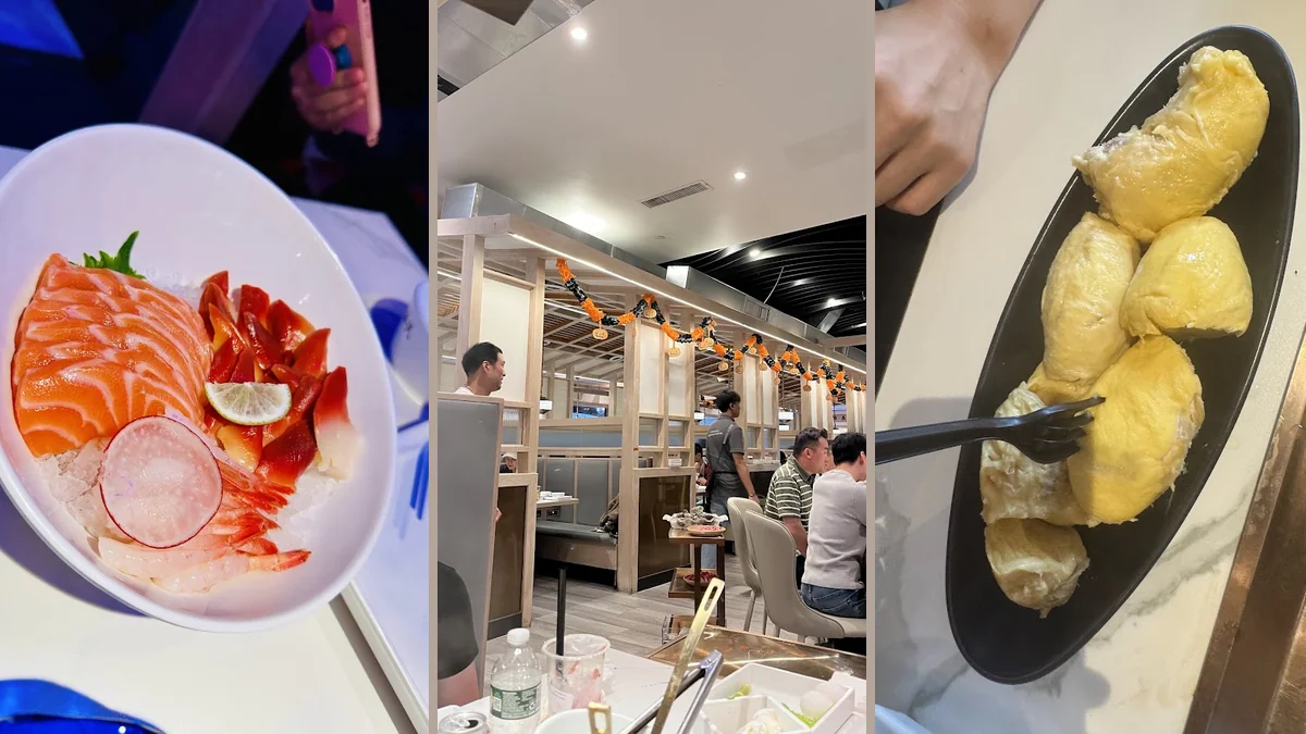 Hot pot tables with shared broths and side dishes.